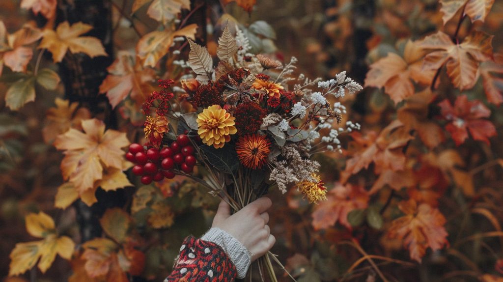 Woman holding a big bunch of autumnal flowers 