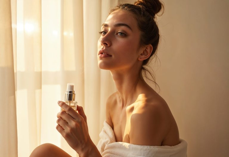 woman with her hair tied up feeling fresh showing shoulders spraying perfume