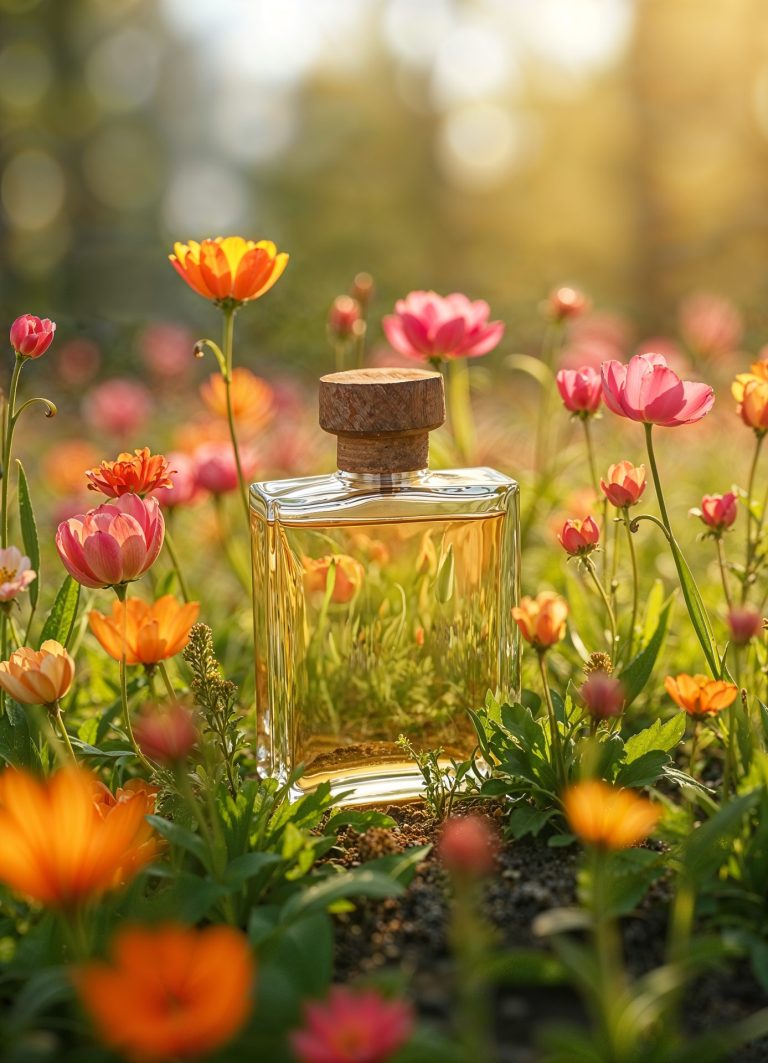 bottle of perfume surrounded by flowers