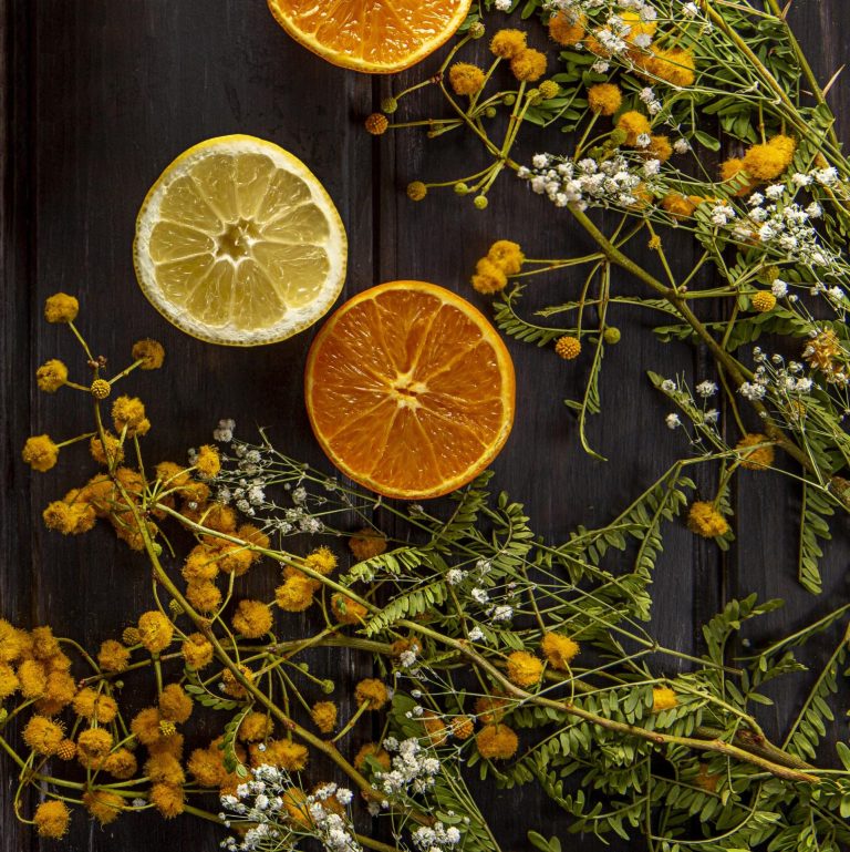 flat lay of citrus fruits and dried flowers
