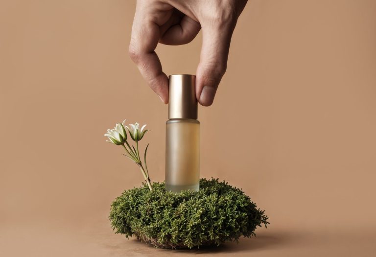 hand reaching for a bottle of perfume resting on a mound of grass