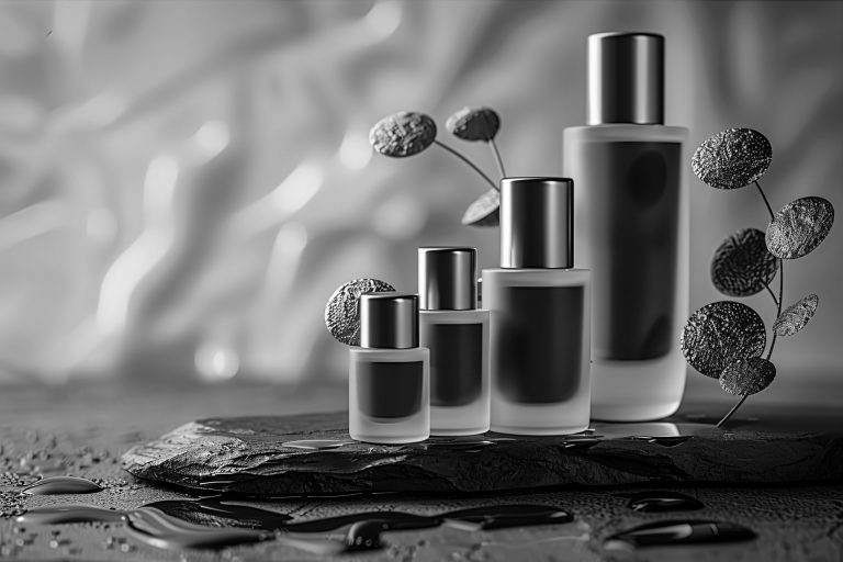 Black and white image of perfume bottles